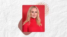 Nicole Kidman with wavy long blonde hair and wearing a red high-neck dress, on a white textured background with beige and brown graphics