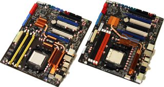 Last-generation's Asus AM2+ board next to the new AM3 platform