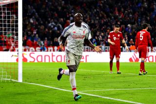 Sadio Mane celebrates after scoring for Liverpool against Bayern Munich in the Champions League in March 2019.