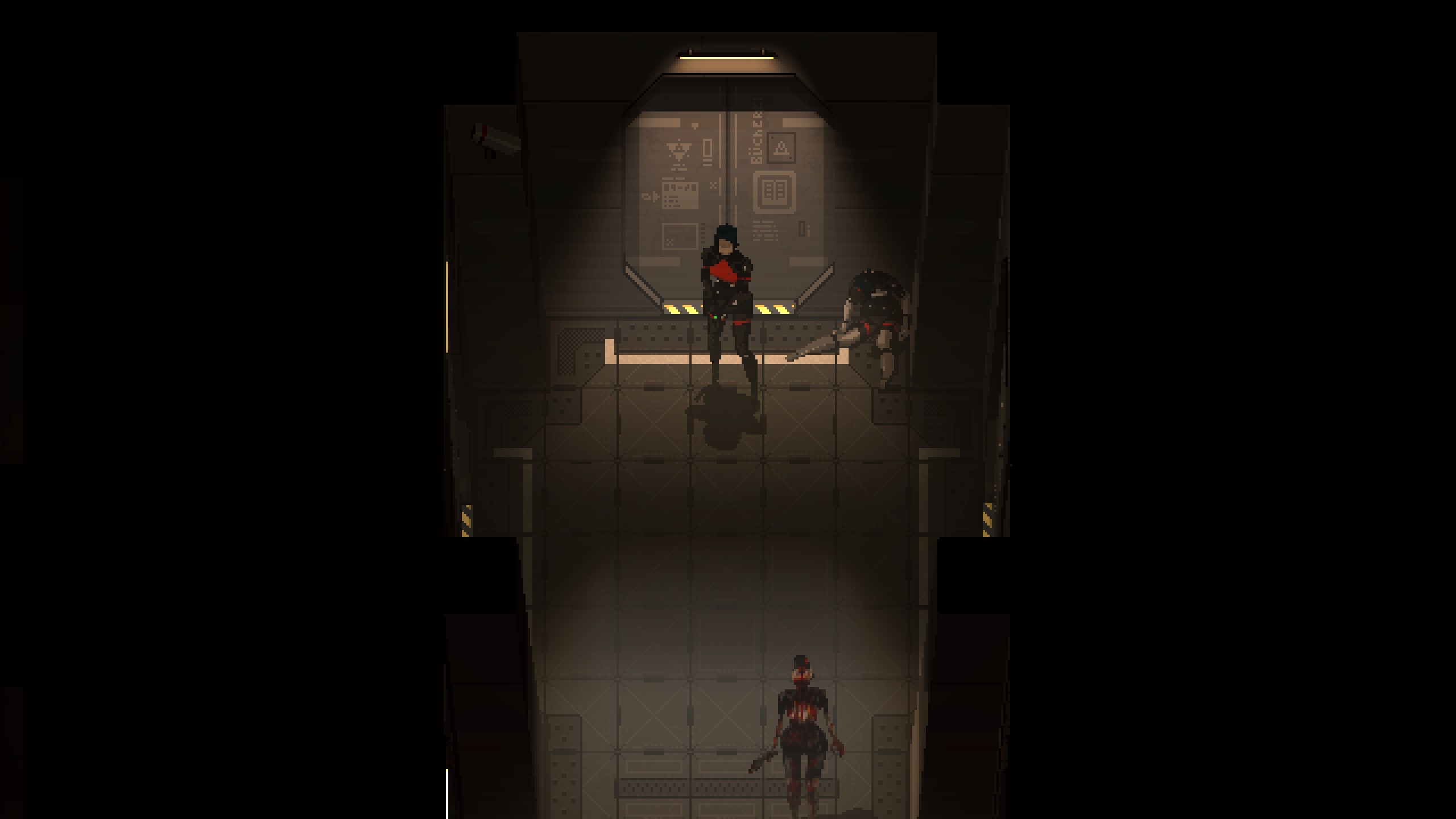An Android With A Pistol Stands Behind Something Monstrous In A Hallway