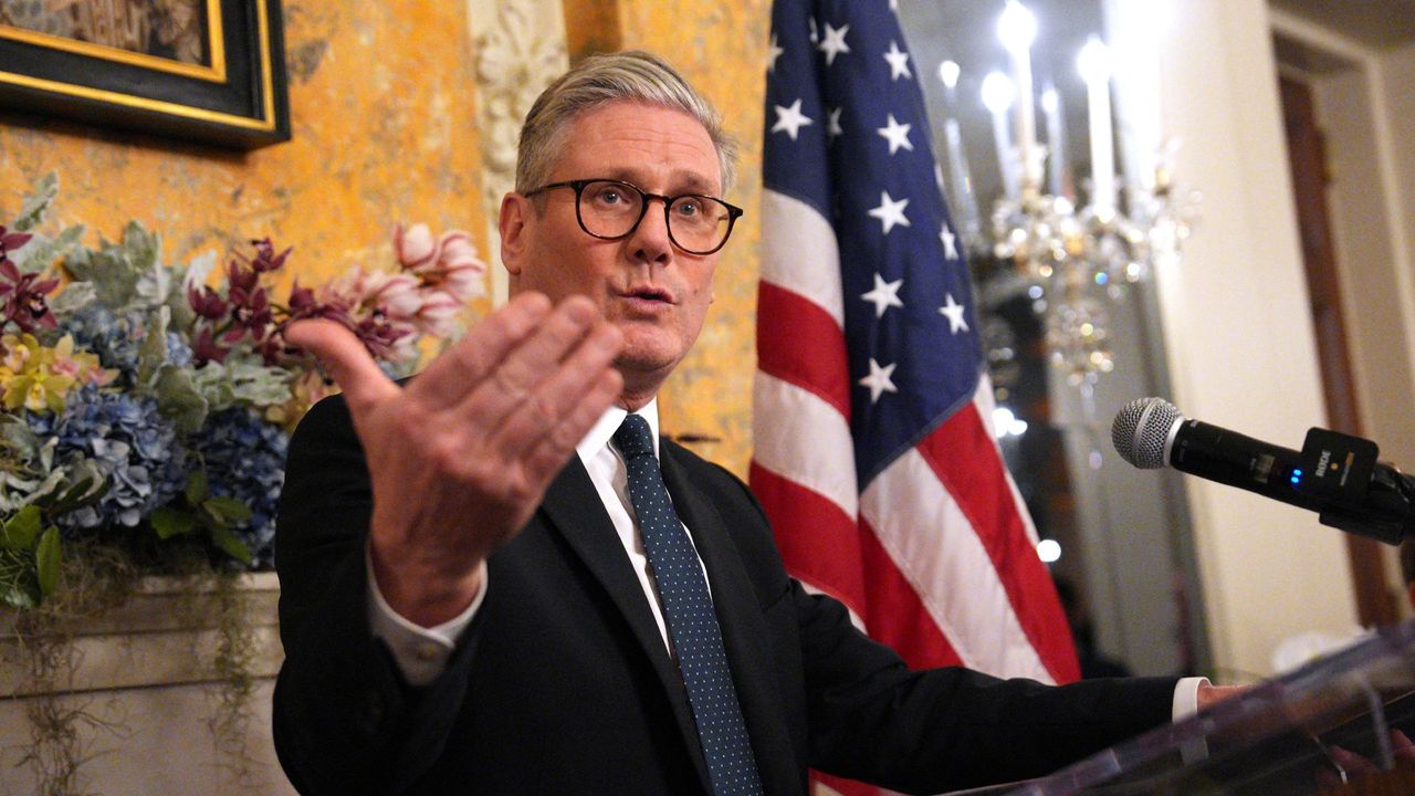 Keir Starmer speaks during a welcome reception at the UK ambassador&#039;s residence in Washington, DC