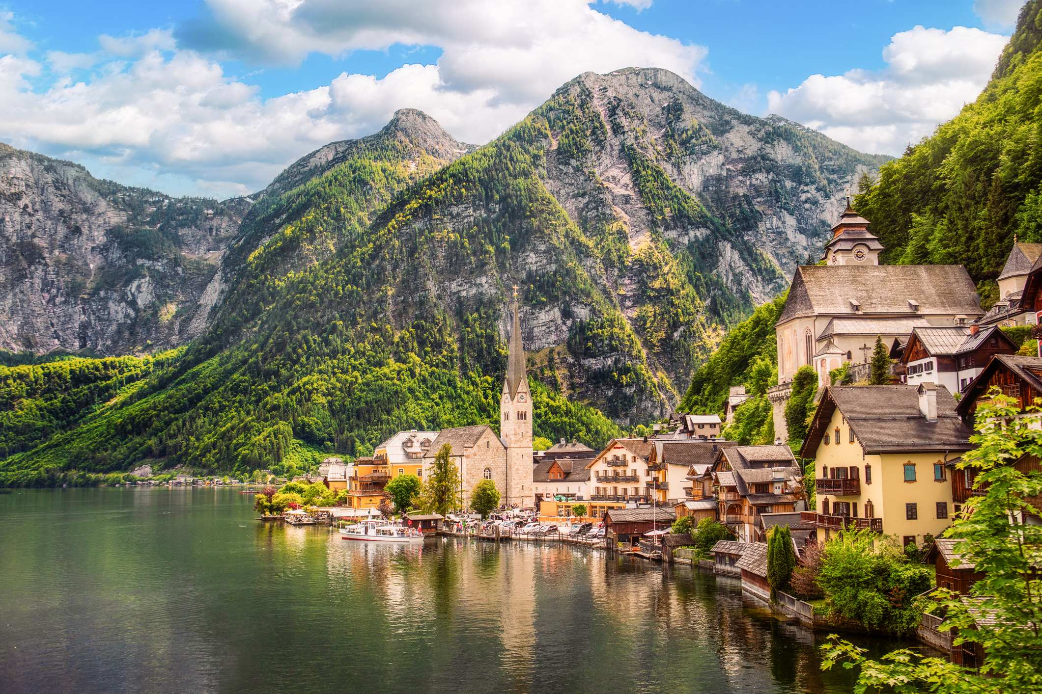 The village of Hallstatt and Lake Hallstatt in Salzburg, Austria