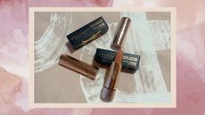 an image of Anastasia Beverly Hills Satin Lipstick in Praline on a pink ombre background