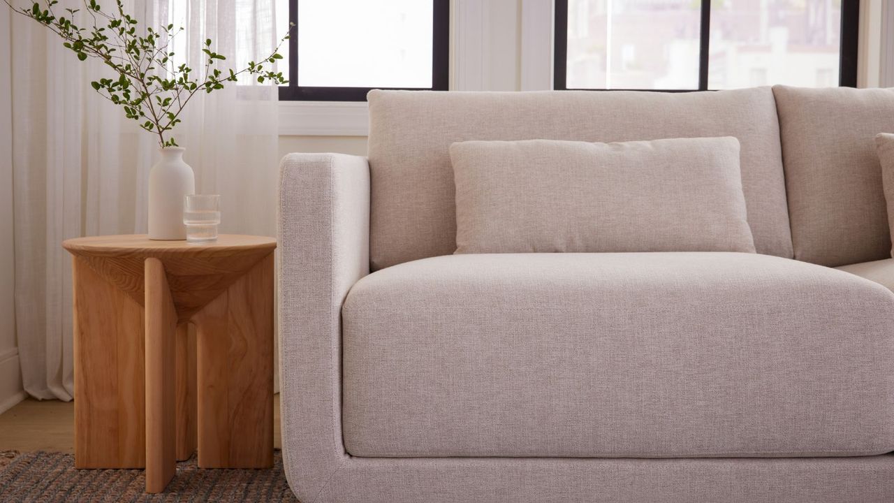 A cream sofa with deep seat cushions. A wooden round side table with a vase and stem plant inside. 