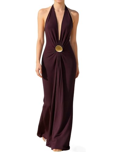 Oyoangle Women's Deep V Neck Halter Maxi Dress Sexy Summer Backless Wedding Guest Vacation Beach Party Formal Dresses Burgundy X-Small