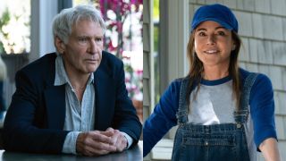 From left to right: Harrison Ford making a serious face and Christa Miller smiling in a Shrinking side-by-side.