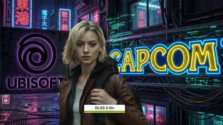 Resident Evil Requiem protagonist enhanced with NVIDIA DLSS 5 in front of Ubisoft and Capcom logos