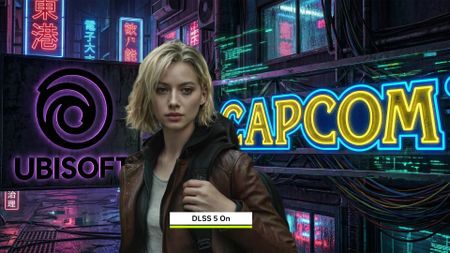 Resident Evil Requiem protagonist enhanced with NVIDIA DLSS 5 in front of Ubisoft and Capcom logos