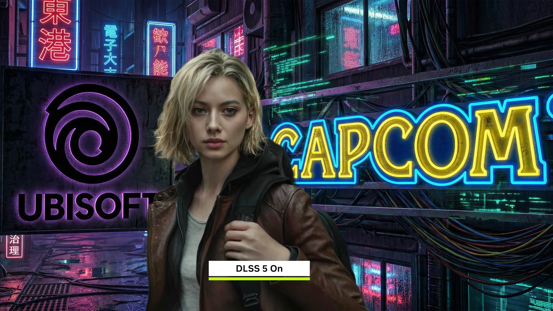 Resident Evil Requiem protagonist enhanced with NVIDIA DLSS 5 in front of Ubisoft and Capcom logos