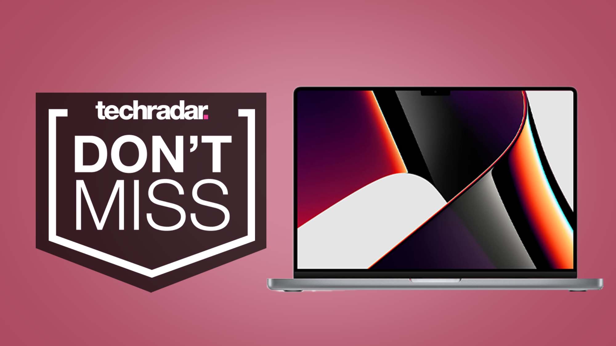 A MacBook Pro 16-inch against a dark pink background with a TechRadar Don't Miss badge