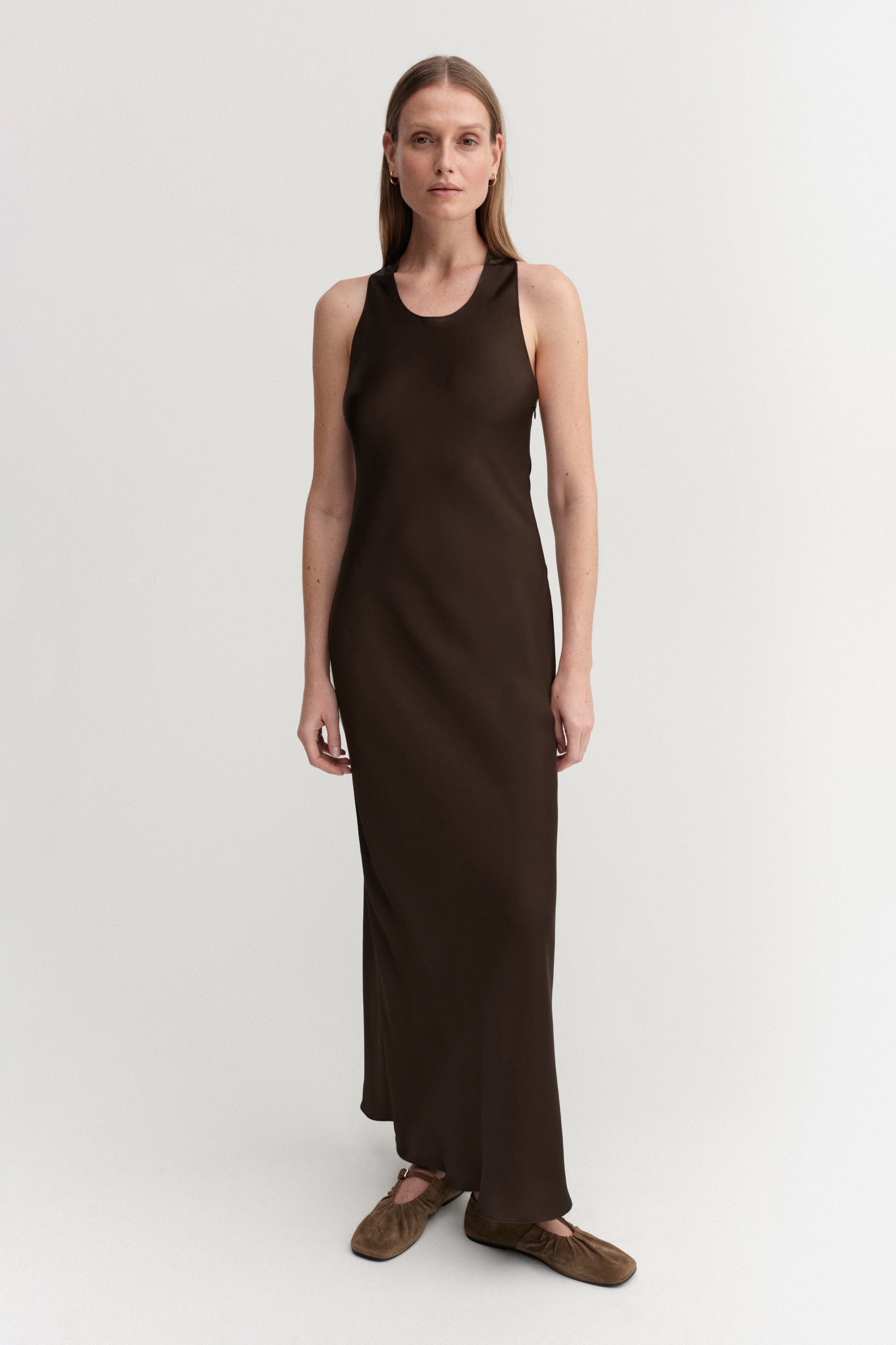 Zila Satin Dress, Chocolate