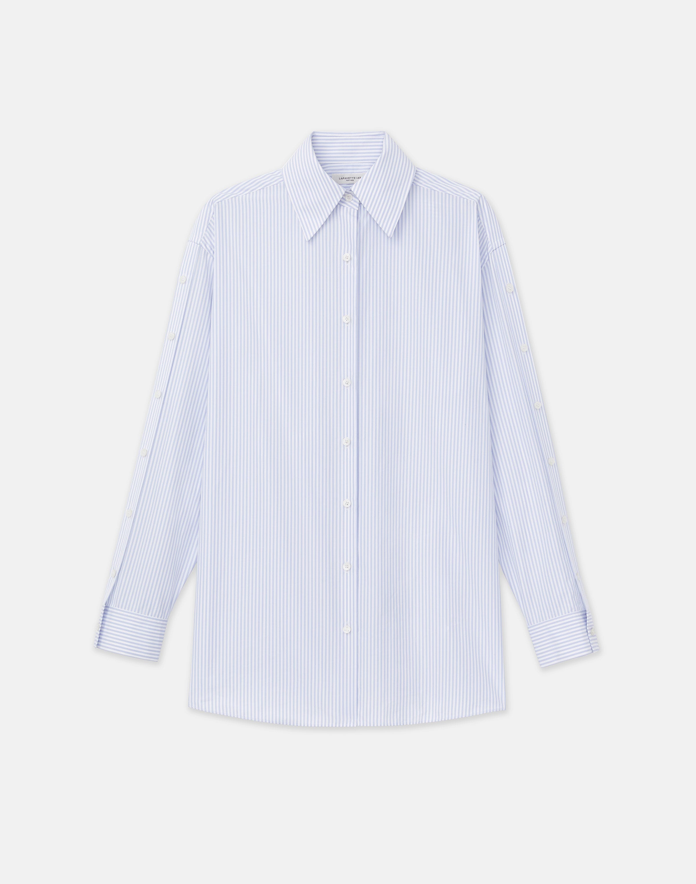 Stripe Cotton Poplin Button Sleeve Oversized Shirt
