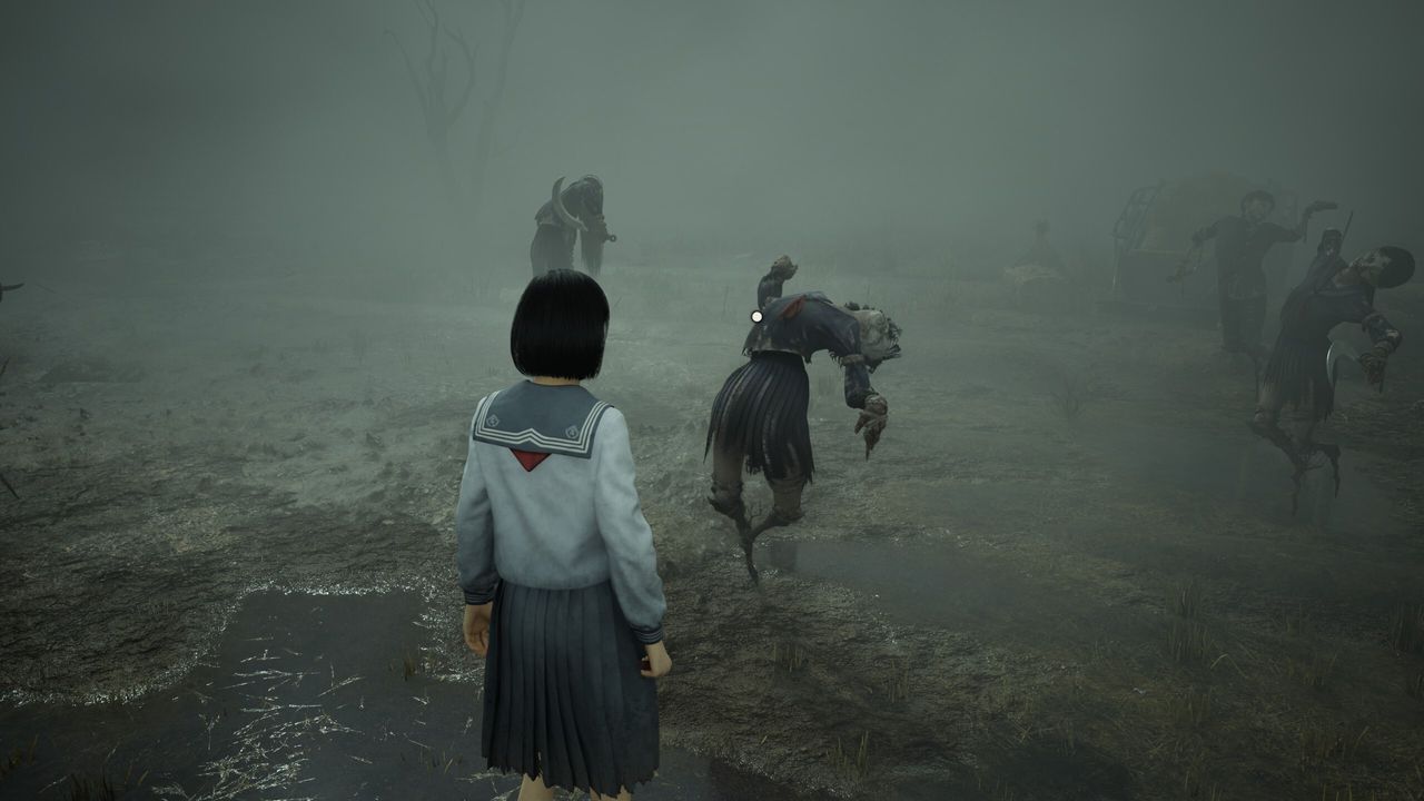 Silent Hill f scarecrow field puzzle: Hinako looking at another twisted scarecrow.