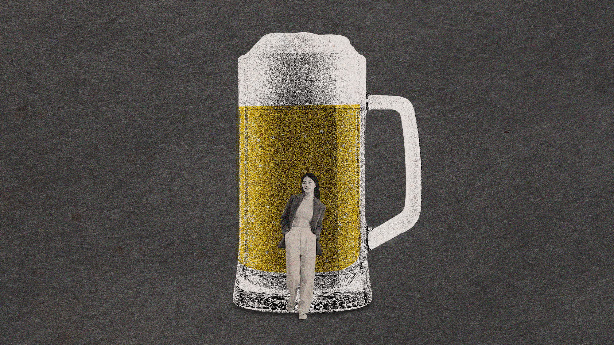 Photo collage of a young Korean woman standing in front of a gigantic beer stein