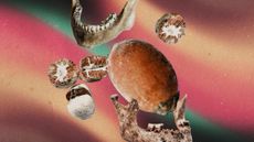 Photo collage of betel nuts and human jawbones on a psychedelic background