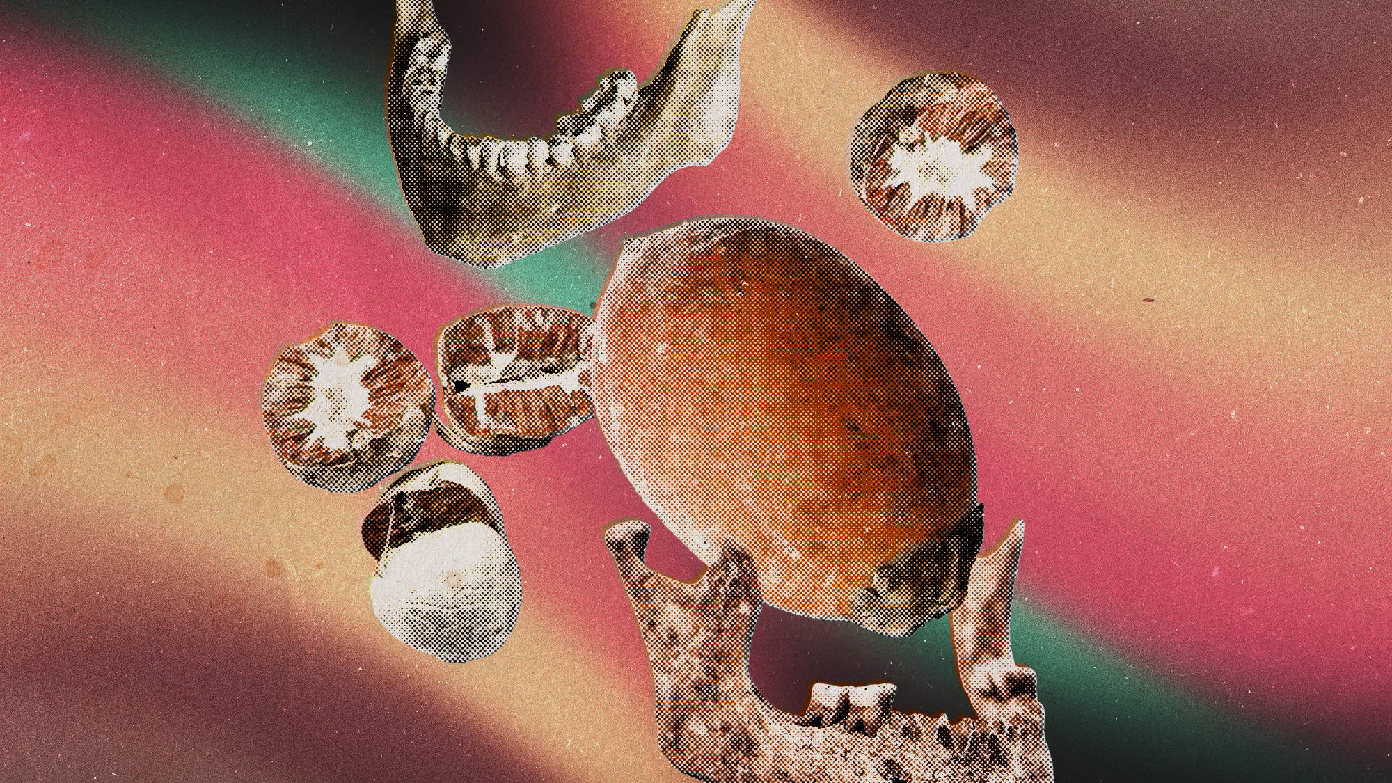 Photo collage of betel nuts and human jawbones on a psychedelic background