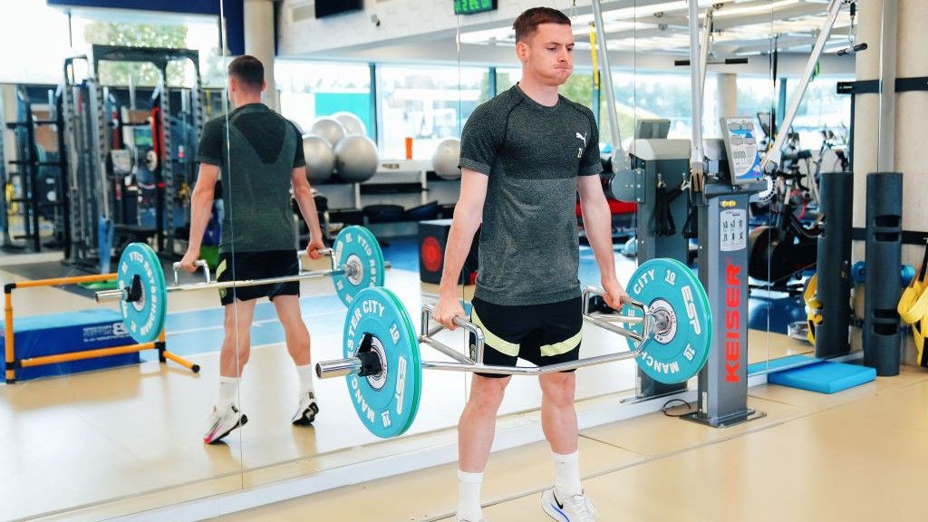 Sergio Gomez of Manchester City in action during a gym training session at Manchester City Football Academy