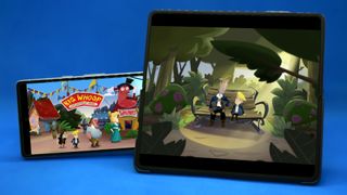 Android Game comparison of smaller screen versus foldable screen using Google Pixel 7a smartphone and Honor Magic V2 foldable phone using Return to Monkey Island.