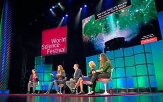 (From left to right) Retired NASA astronaut Nicole Stott, astronomer Lisa Kaltenegger, astrobiologist Caleb Scharf, philosopher Susan Schneider and theoretical physicist Sara Walker talk about the nature of life and the search for extraterrestrial intelligence at the World Science Festival in New York City on June 2, 2018.