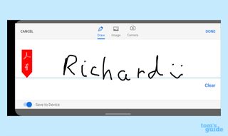 The signature writing screen on Adobe Acrobat Reader