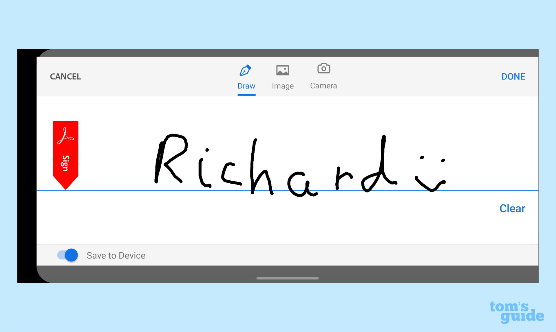 Экран написания подписи в Adobe Acrobat Reader