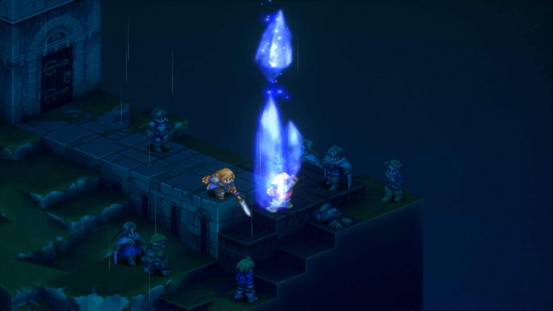 In Final Fantasy Tactics - The Ivalice Chronicles, a character with blonde hair attacks an enemy on a grid with a glowing sword