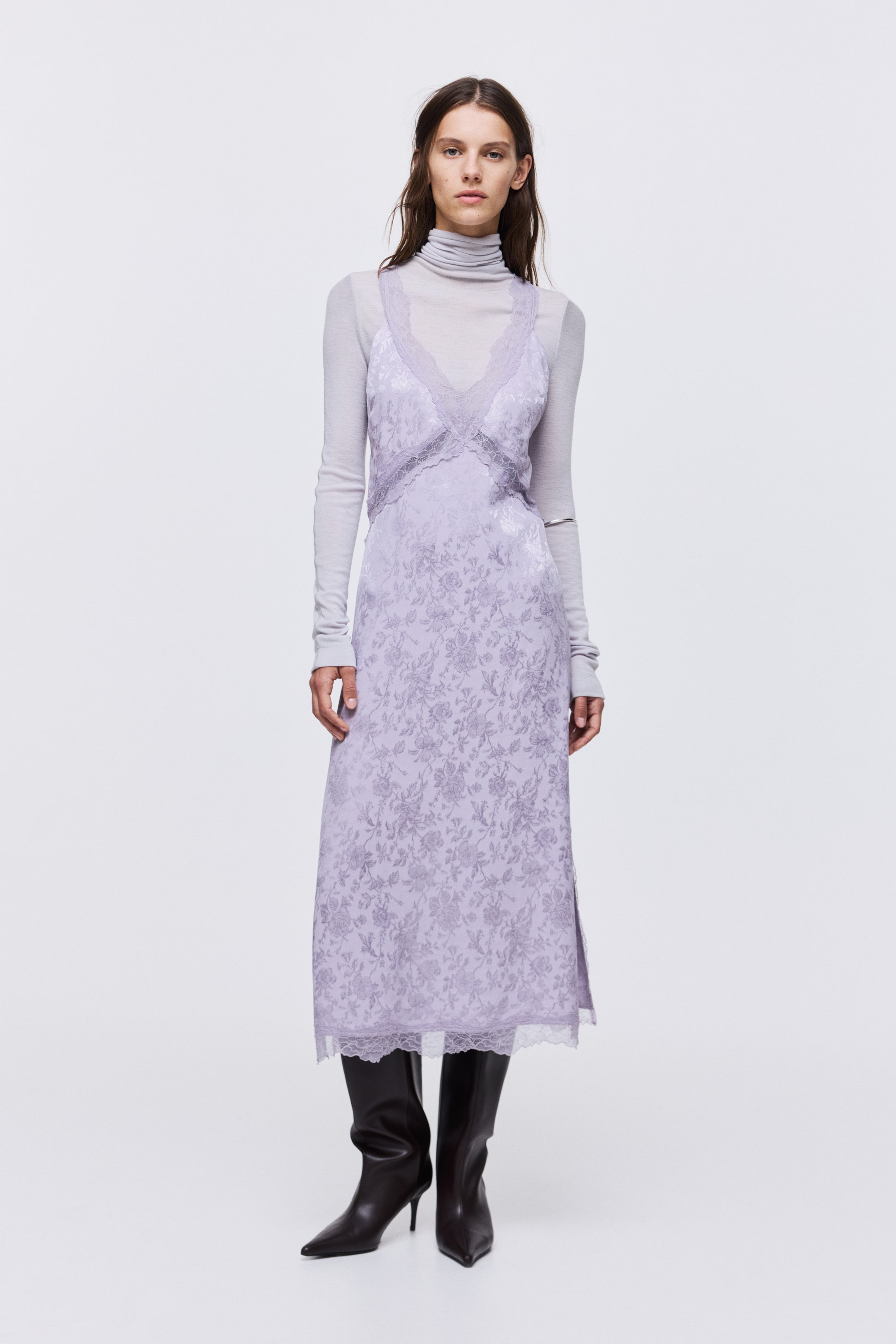 Lace-Inset Jacquard-Weave Dress - Lilac