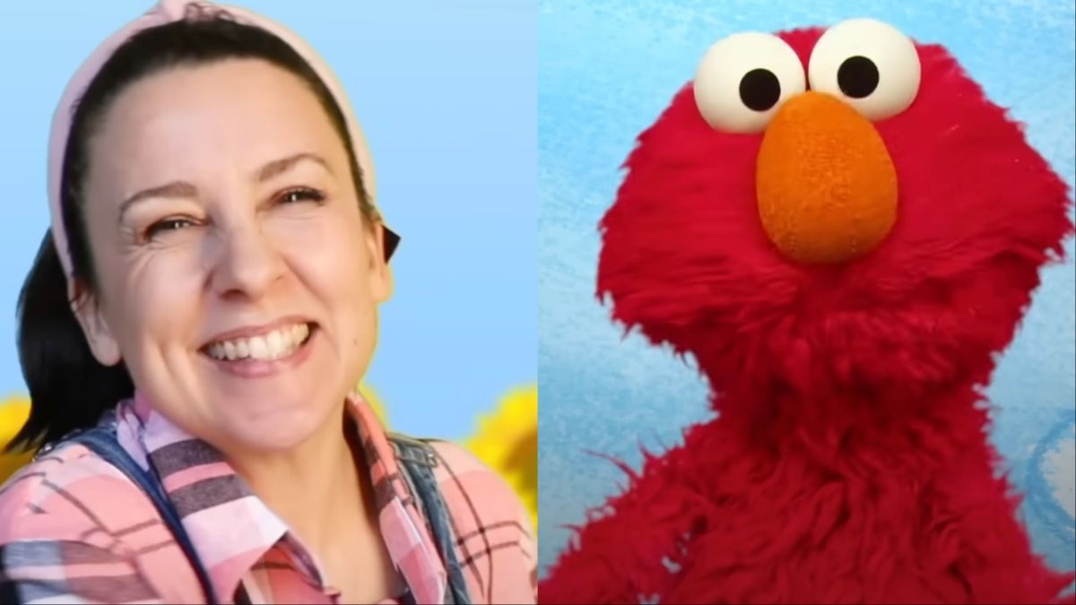 Ms. Rachel smiling and Elmo in split image