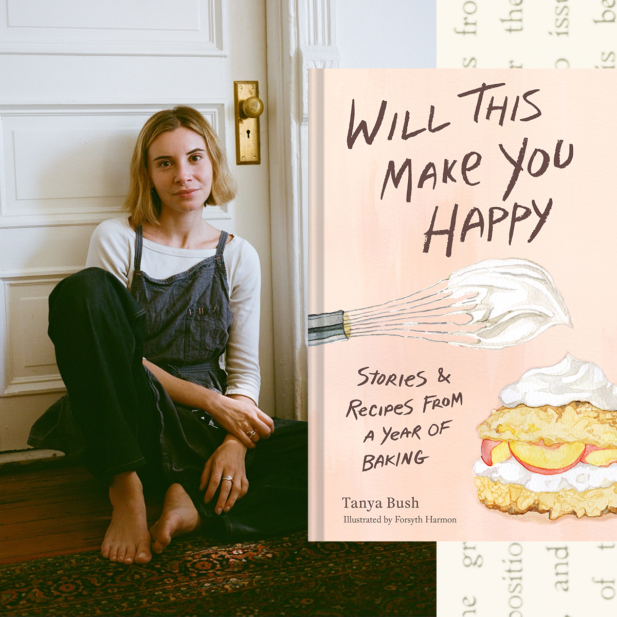 a split image of author and baker tanya bush wearing overalls and sitting on the floor next to the cover of her memoir and cook book will this make you happy 