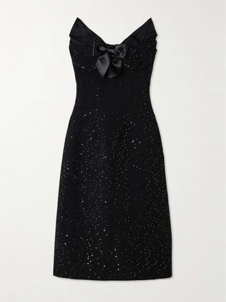 Midi dress with strapless sequined wool and satin fabric