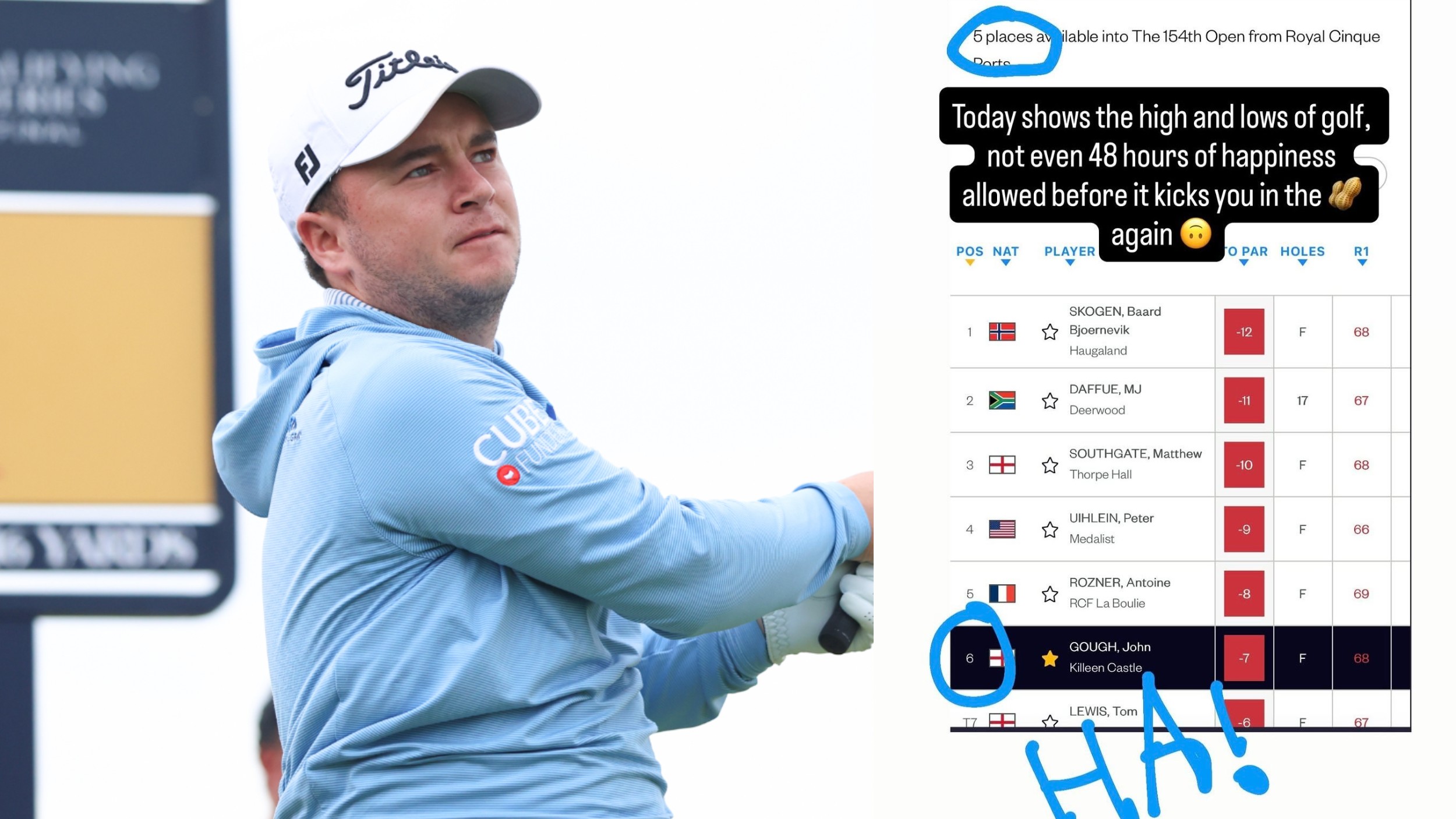John Gough posted on Instagram about narrowly missing out on the Open Championship