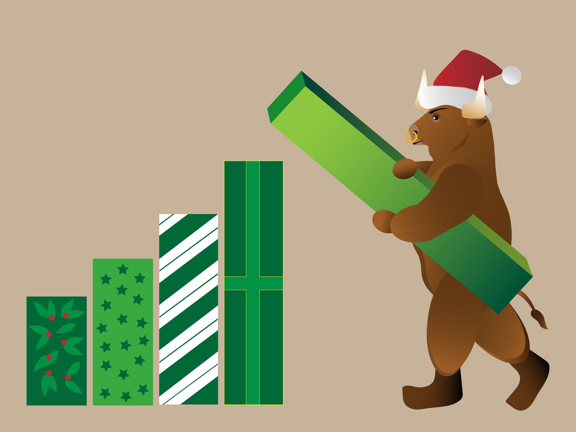 Bull with Santa hat is setting up graph bars which are wrapped like Christmas gifts.