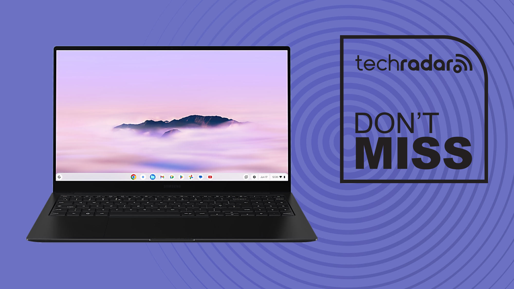 open Samsung Galaxy Chromebook Plus on purple background with TechRadar don&#039;t miss sign