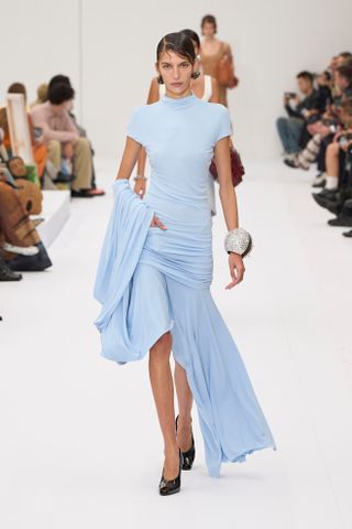 blue draped acne studios dress at paris fashion week spring summer 2025