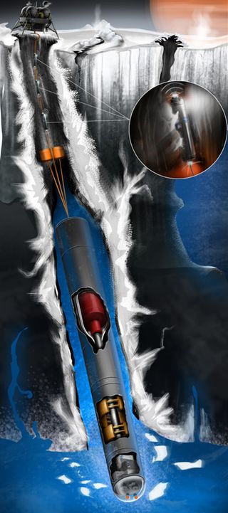 An artist's depiction of a tunneling probe designed for Europa.