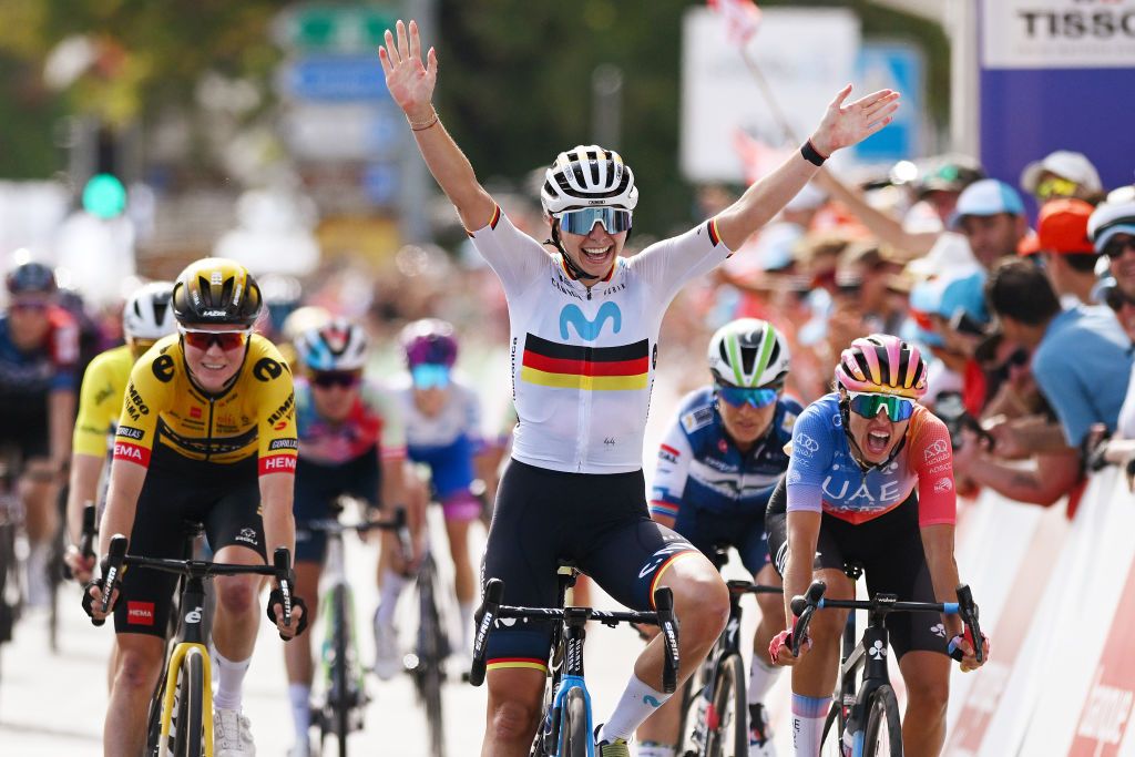 NYON SWITZERLAND SEPTEMBER 17 Liane Lippert of Germany and Movistar Team celebrates at finish line as stage winner during the 2nd Tour de Romandie Feminin 2023 Stage 3 a 1108km stage from Vernier to Nyon UCIWWT on September 17 2023 in Nyon Switzerland Photo by Dario BelingheriGetty Images