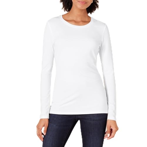 Amazon Essentials Women's Regular-Fit Long-Sleeve Crewneck T-Shirt, White, Small