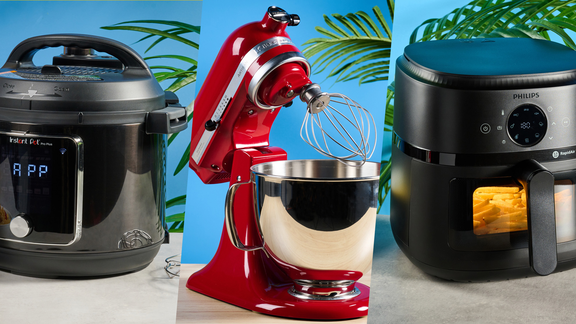 a composite image of a kitchenaid stand mixer in red, a philips 2000 series air fryer with window, and an instant pot pro plus