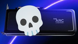 An Intel Arc A770 Limited Edition GPU on a blue background with a skull emoji in front of it.