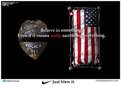 Editorial cartoon U.S. Nike Colin Kaepernick campaign police officers sacrifice