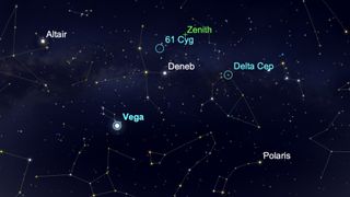 The stars Vega, 61 Cygni and Delta Cephei are located near the zenith, or the point directly overhead, around 8 p.m. local time as seen from midnorthern latitudes.