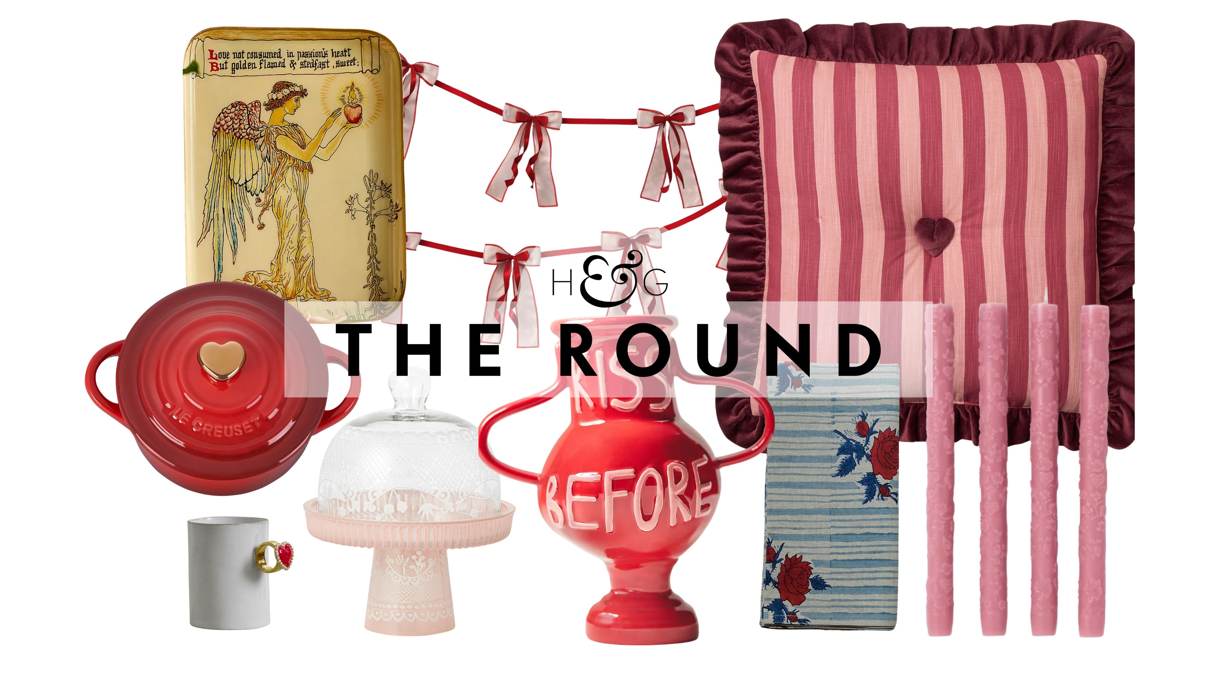 A collage of Valentine's Day Decor, including a heart-shapped Le Creuset, heart-ring mug, archival-style angel tray, cake cloche, red ceramic vase, bow garland, floral napkin, pink taper candles, and a striped throw pillow, pictured against a white background