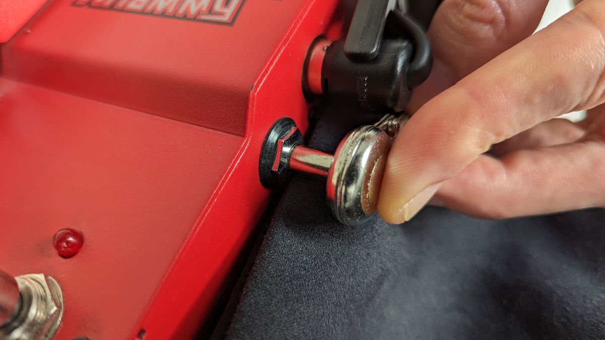 Close-up photos of cleaning a pedalboard with contact cleaner
