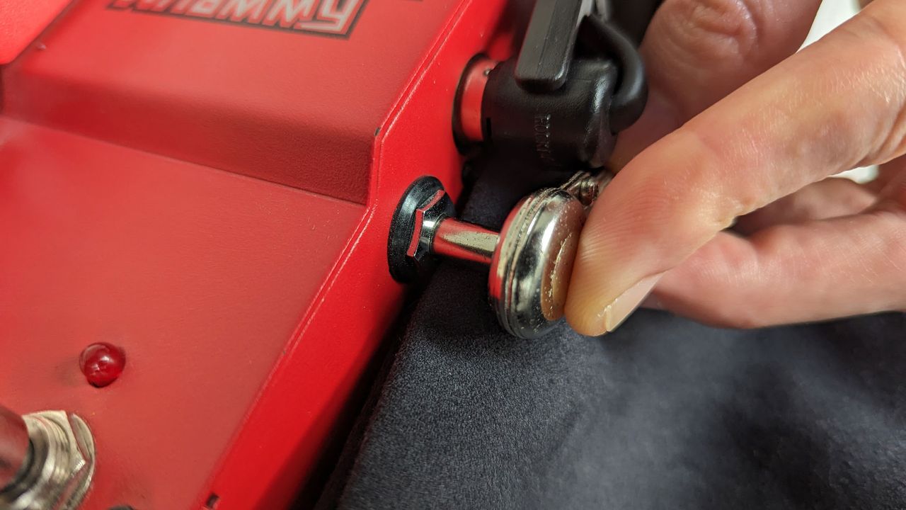 Close-up photos of cleaning a pedalboard with contact cleaner