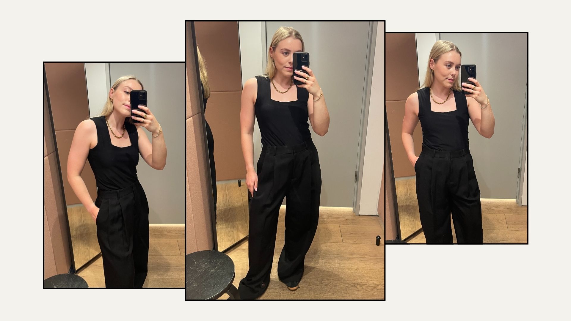 Three images of woman wears black tank top, black tailored trousers