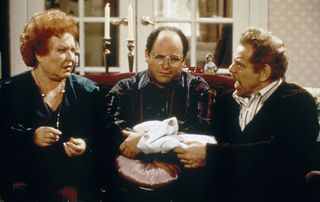 Pictured: (l-r) Estelle Harris as Estelle Costanza, Jason Alexander as George Costanza, Jerry Stiller as Frank Costanza