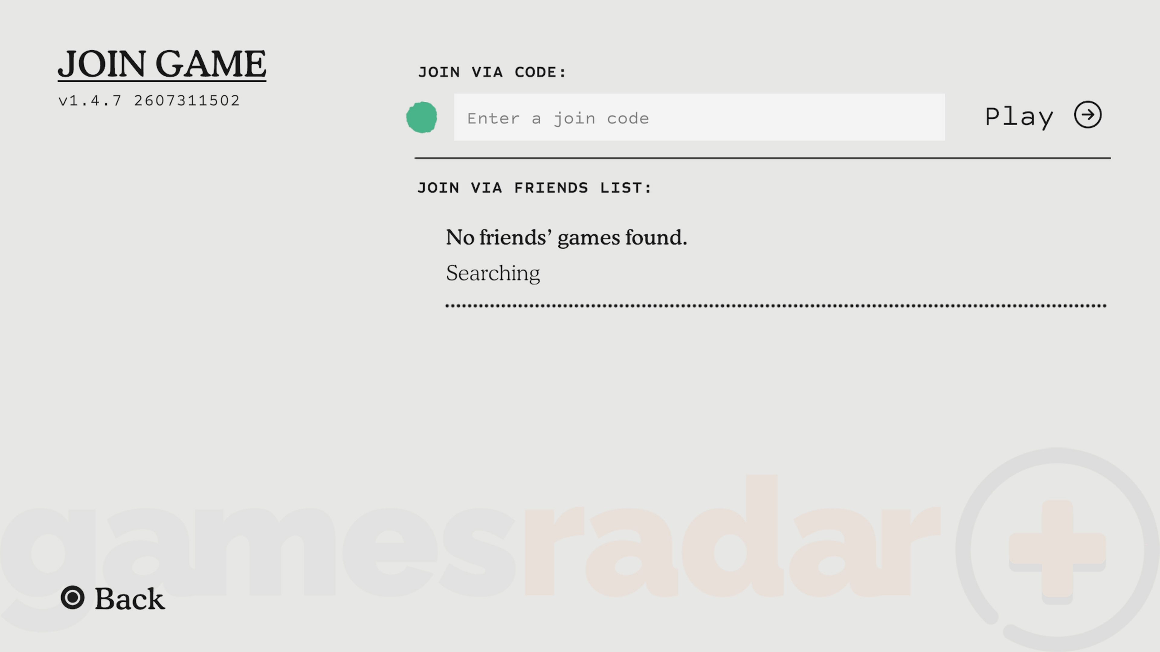 A Big Walk menu screen for joining a friend's game via your friends list or join code