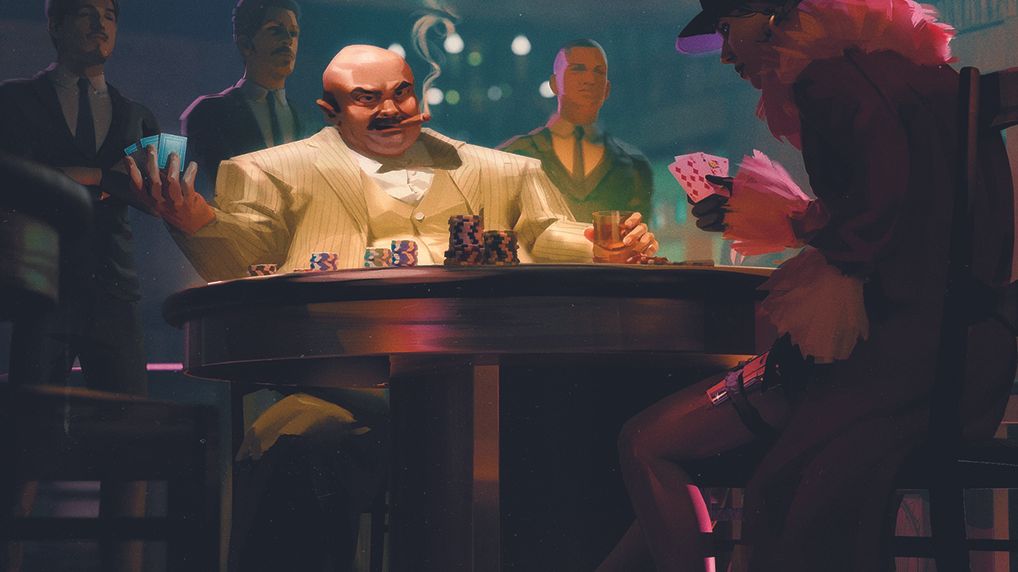 Partida de pôquer entre chefe máfia e caçador de recompensas disfarçado. A base 3D foi realizada em Blender