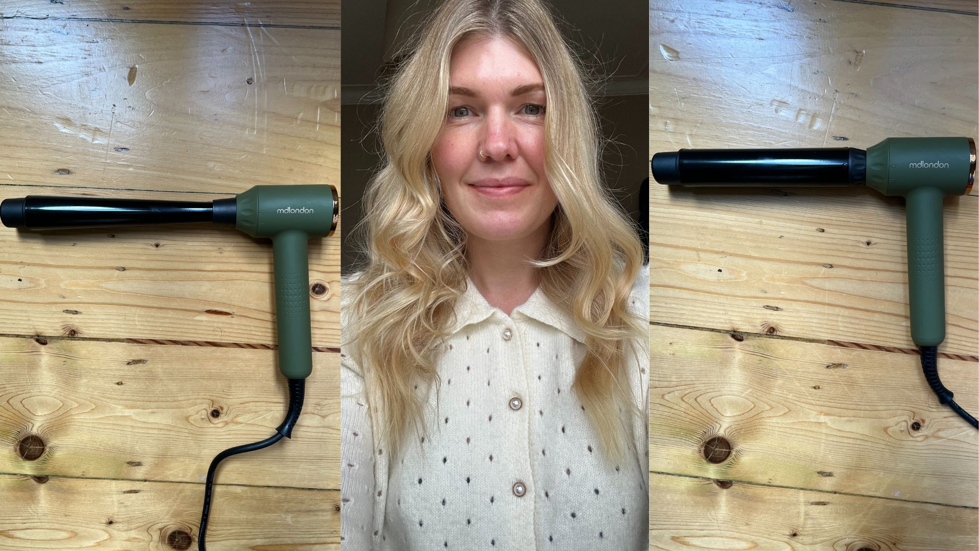 an image of MD London Curl with the conical wand attachment, next to an image of beauty editor Fiona McKim with curled hair, on one side tighter curls and the other a loose wave, then an image of MD London Curl with a large barrel waver attachment
