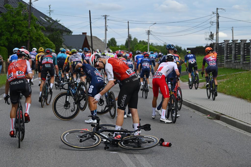 KRAKOW POLAND AUGUST 04 Max Walscheid of Germany and Team Cofidis after crashing during the 80th Tour de Pologne 2023 Stage 7 a 1666km stage from Zabrze to Krakw UCIWT on August 04 2023 in Krakw Poland Photo by Dario BelingheriGetty Images